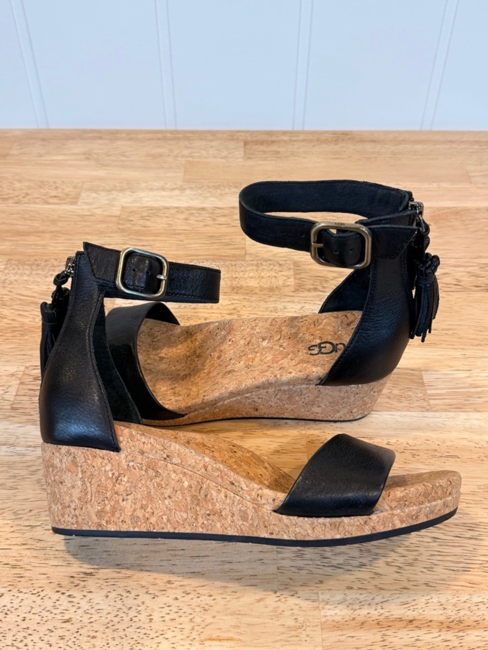 UGG Black Cork Wedge Sandals with Ankle Strap